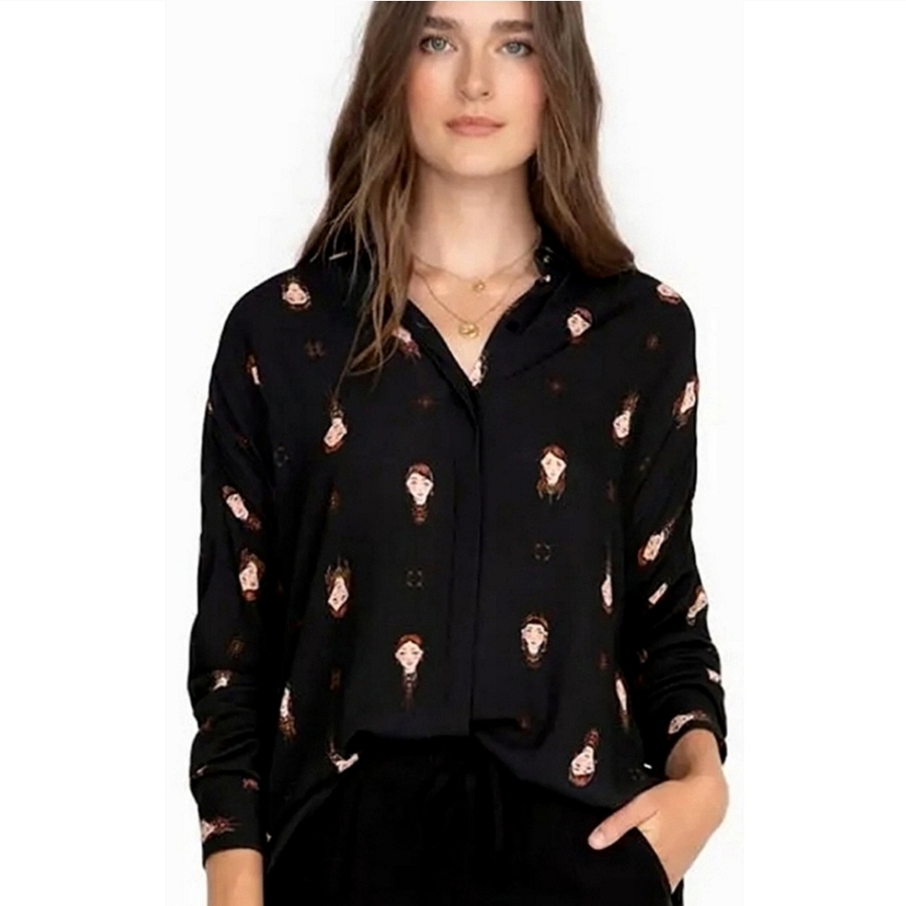 Johnny Was Black Blouse with Artistic Faces. 28" long, chest is 22".